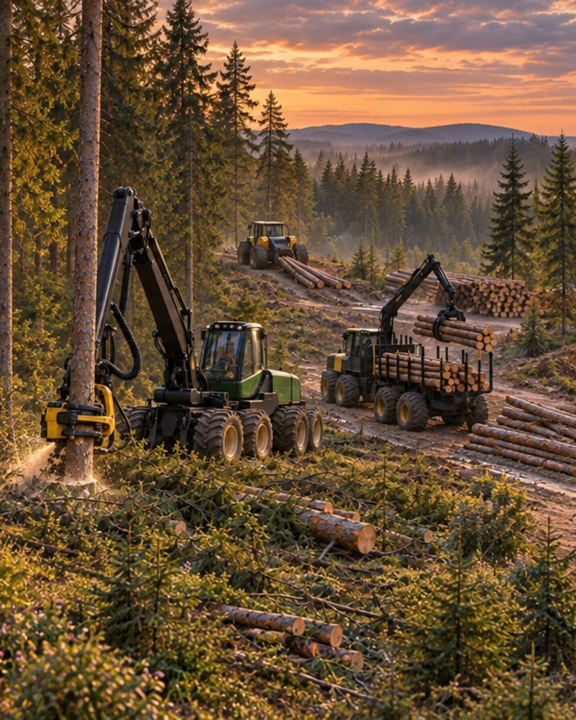 Medkirtė, forvarderis ir skideris dirba miške vakare